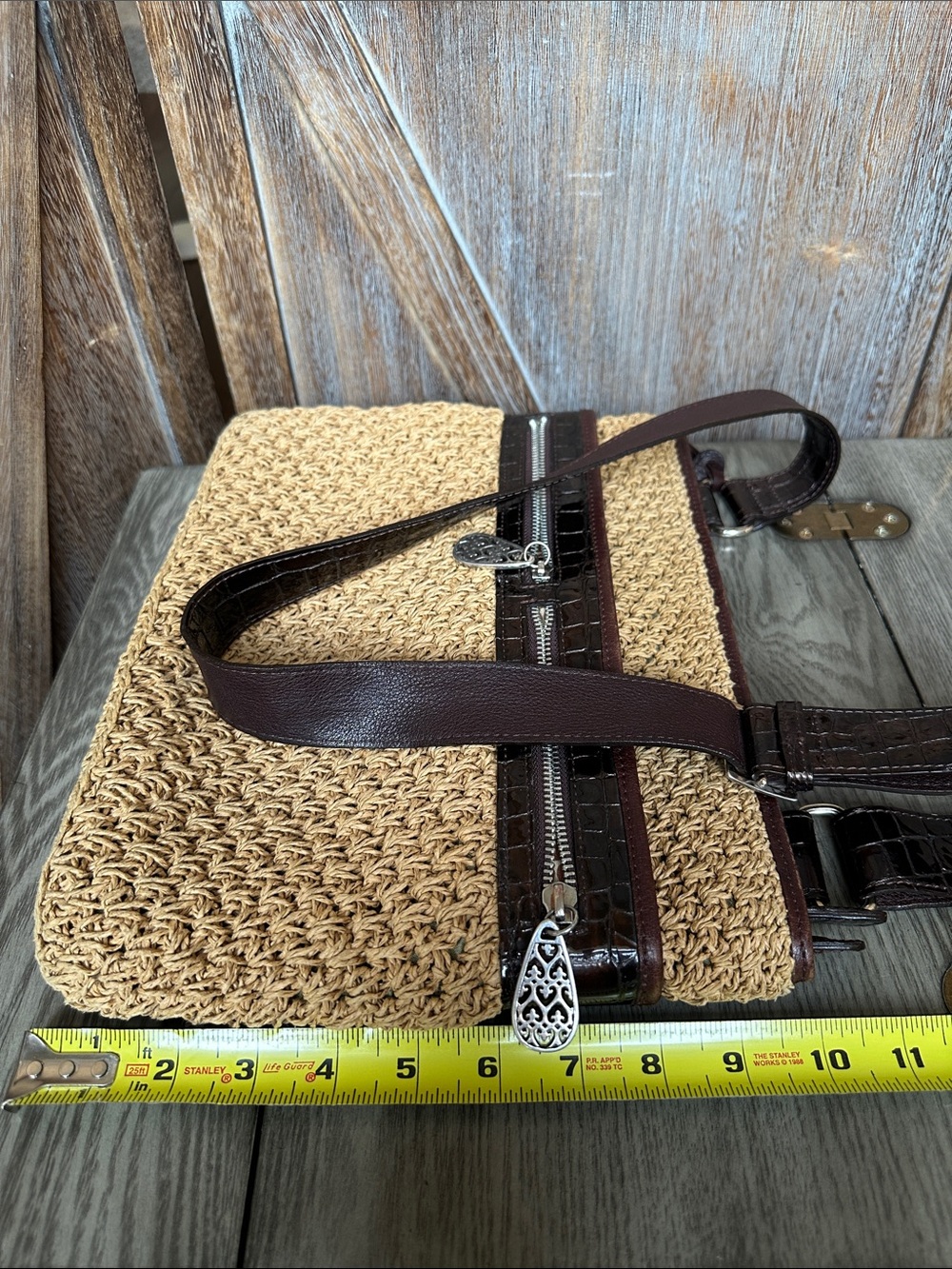 Brighton Woven Straw & Faux Crocodile Leather Crossbody Bag Purse - Picture 15 of 15